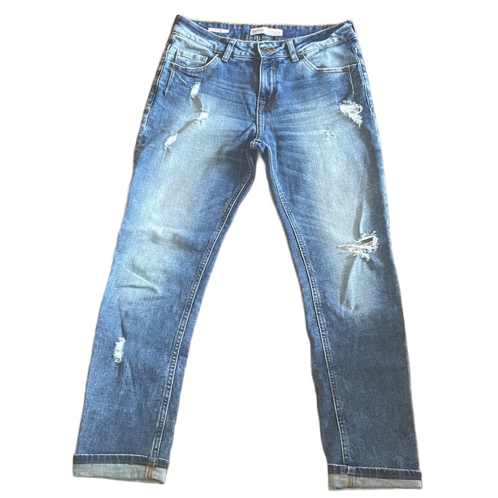 Bershka Women’s Boyfriend Blue Jeans Faded Distressed Mid Rise Sz 2